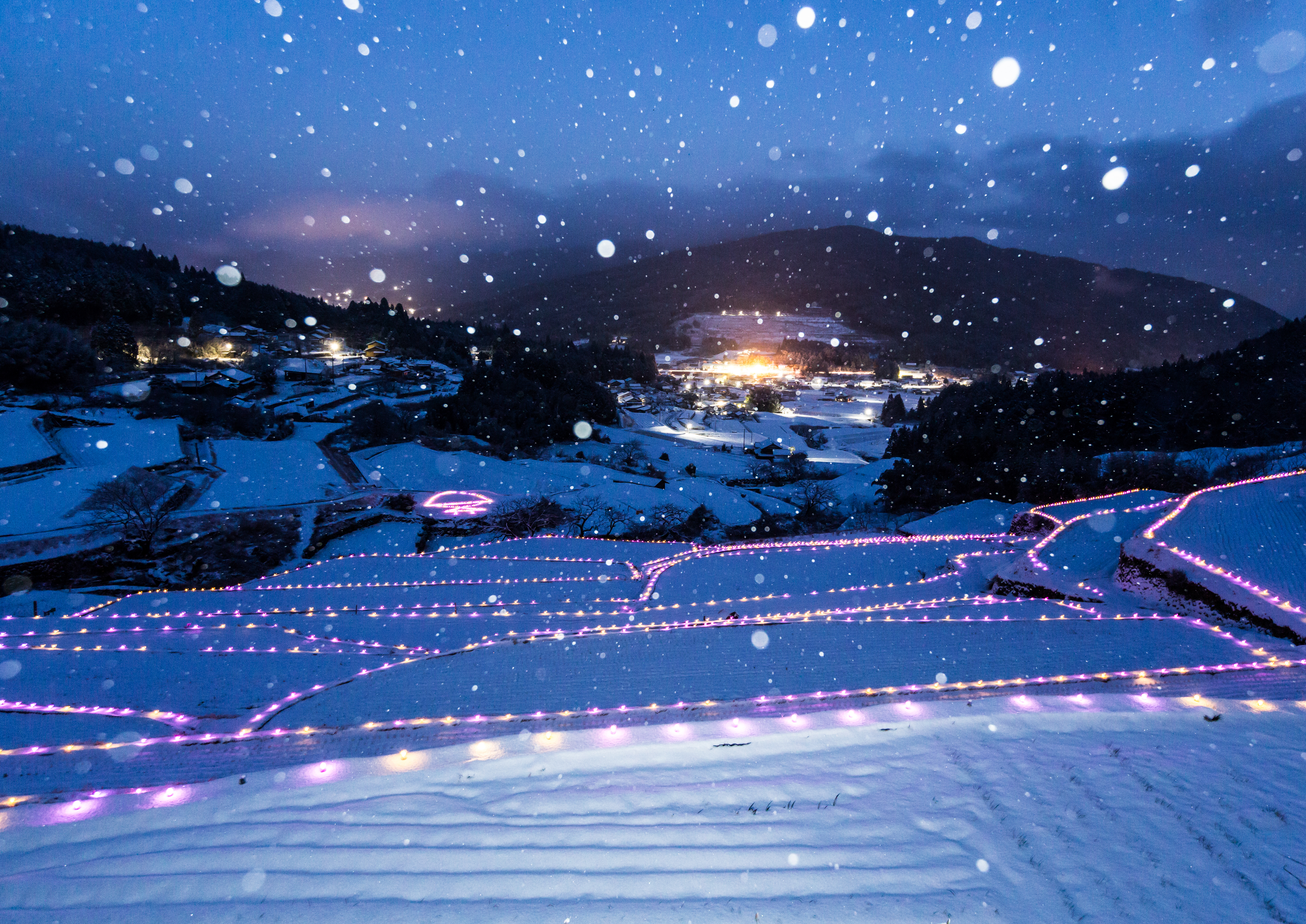 ライトアップされた雪景色